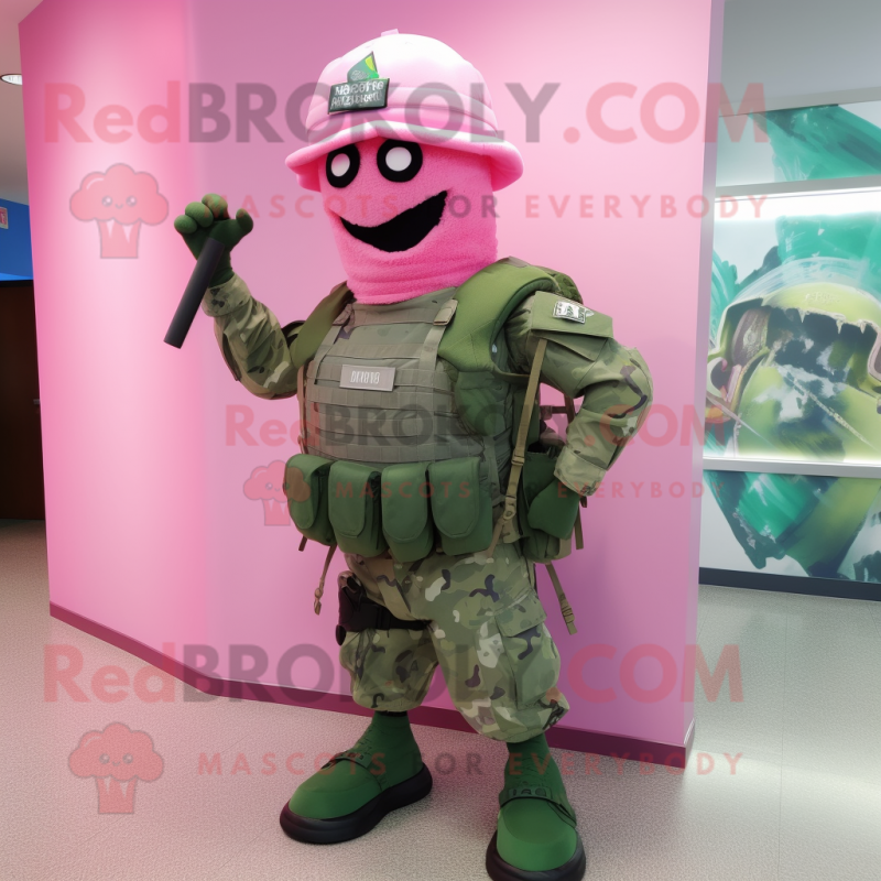Pink Green Beret mascot costume character dressed with a Tank Top and Backpacks Pink Green Beret mascot costume character dressed with a Tank Top and Backpacks