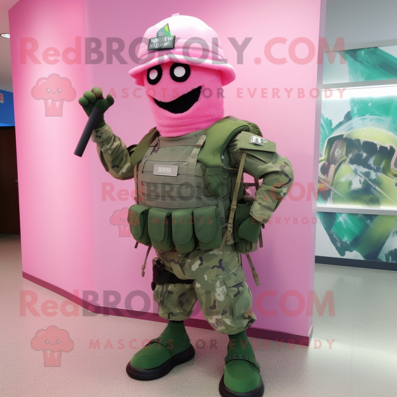 Pink Green Beret mascot costume character dressed with a Tank Top and Backpacks