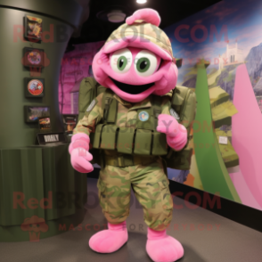 Pink Green Beret mascot costume character dressed with a Tank Top and Backpacks