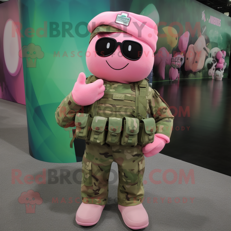 Pink Green Beret mascot costume character dressed with a Tank Top and Backpacks Pink Green Beret mascot costume character dressed with a Tank Top and Backpacks