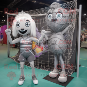 Silver Volleyball Net mascot costume character dressed with a Mini Dress and Briefcases