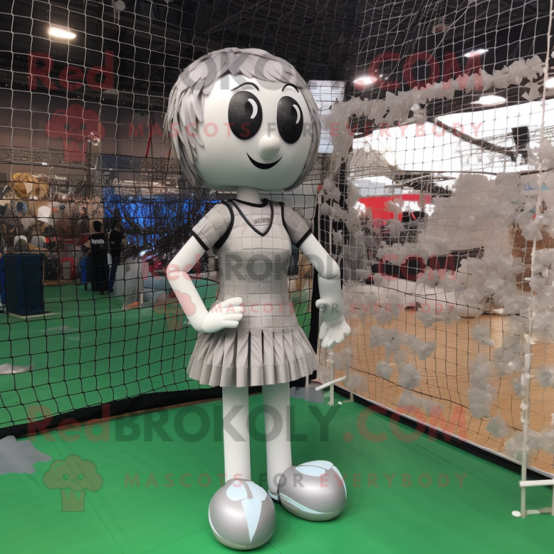 Silver Volleyball Net mascot costume character dressed with a Mini Dress and Briefcases Silver Volleyball Net mascot costume character dressed with a Mini Dress and Briefcases
