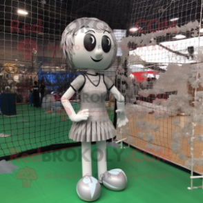 Silver Volleyball Net mascot costume character dressed with a Mini Dress and Briefcases