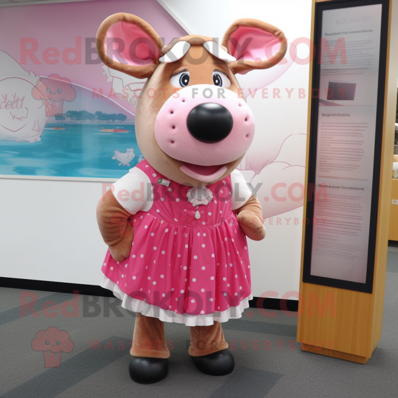 Pink Beef Wellington mascot costume character dressed with a Pencil Skirt and Ties Pink Beef Wellington mascot costume character dressed with a Pencil Skirt and Ties