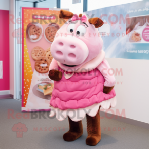Pink Beef Wellington mascot costume character dressed with a Pencil Skirt and Ties