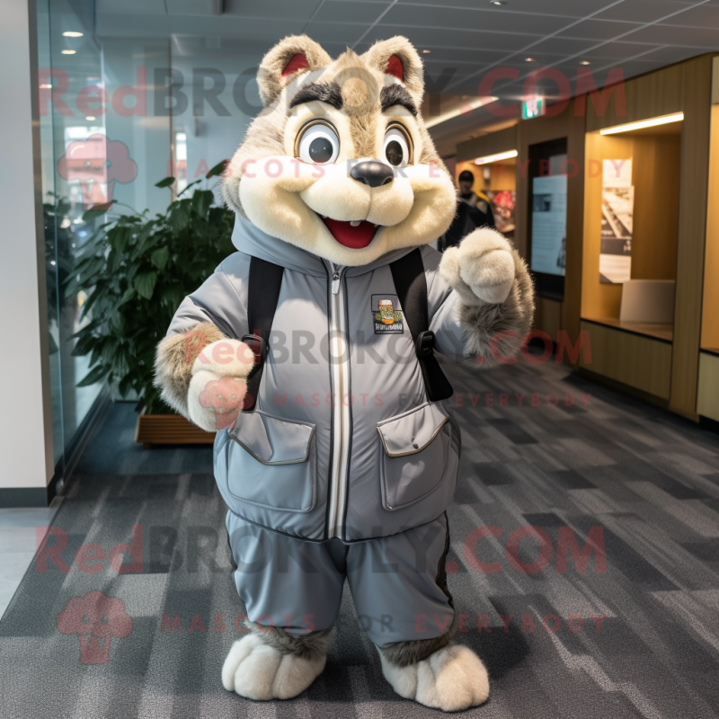 Gray Chipmunk mascot costume character dressed with a Parka and Foot pads