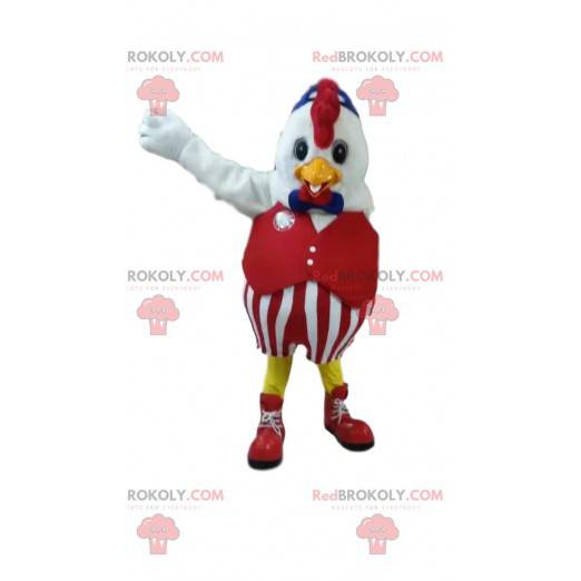 Mascote de frango em traje vermelho. Fantasia de frango -