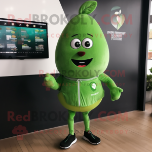 Forest Green Pear mascot costume character dressed with a Running Shorts and Smartwatches