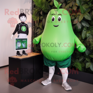 Forest Green Pear mascot costume character dressed with a Running Shorts and Smartwatches