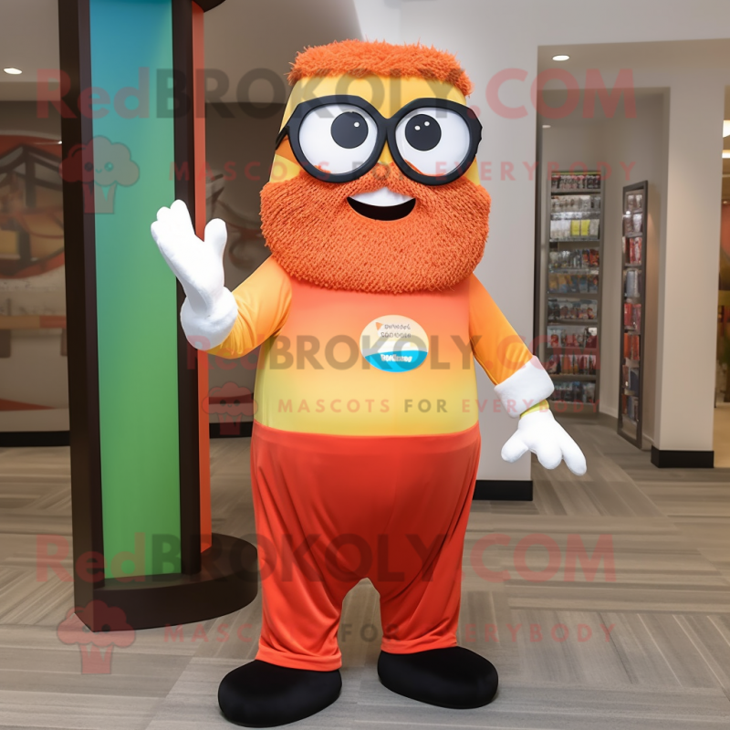 Orange Rainbow mascot costume character dressed with a Dress Pants and Reading glasses Orange Rainbow mascot costume character dressed with a Dress Pants and Reading glasses