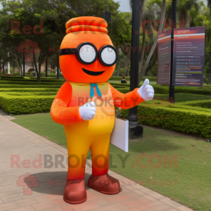 Orange Rainbow mascot costume character dressed with a Dress Pants and Reading glasses