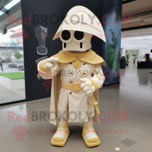 Cream Spartan Soldier mascot costume character dressed with a Raincoat and Bow ties