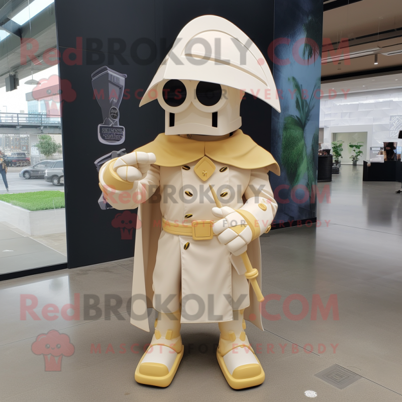 Cream Spartan Soldier mascot costume character dressed with a Raincoat and Bow ties Cream Spartan Soldier mascot costume character dressed with a Raincoat and Bow ties