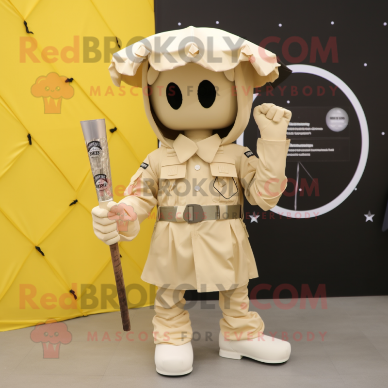 Cream Spartan Soldier mascot costume character dressed with a Raincoat and Bow ties Cream Spartan Soldier mascot costume character dressed with a Raincoat and Bow ties