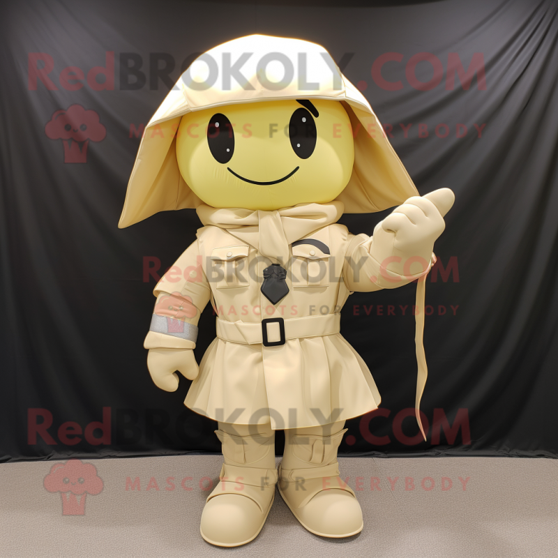 Cream Spartan Soldier mascot costume character dressed with a Raincoat and Bow ties Cream Spartan Soldier mascot costume character dressed with a Raincoat and Bow ties