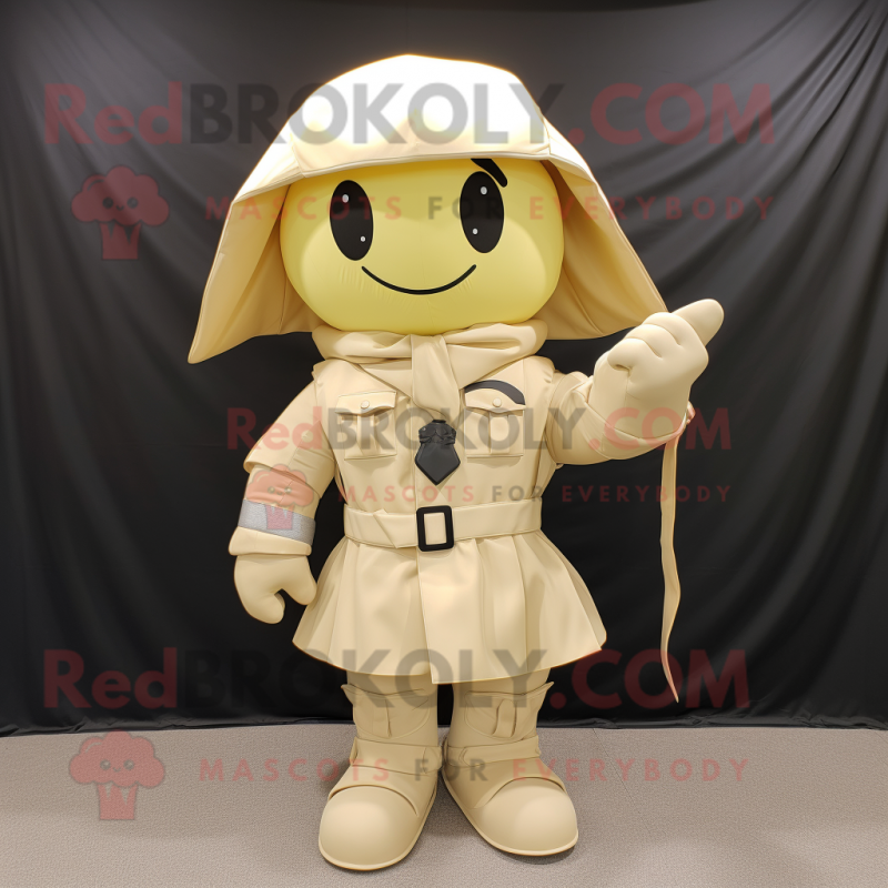 Cream Spartan Soldier mascot costume character dressed with a Raincoat and Bow ties