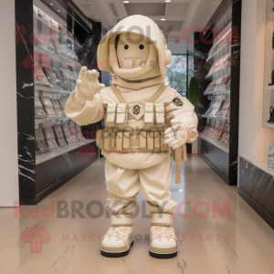 Cream Spartan Soldier mascot costume character dressed with a Raincoat and Bow ties