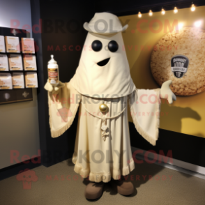 Cream Champagne mascot costume character dressed with a Henley Tee and Shawl pins