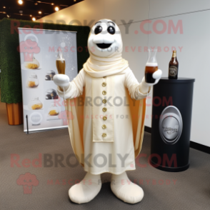 Cream Champagne mascot costume character dressed with a Henley Tee and Shawl pins
