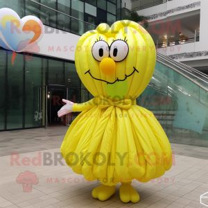 Lemon Yellow Heart Shaped Balloons mascot costume character dressed with a Pleated Skirt and Scarf clips