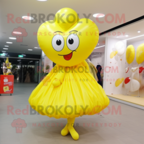 Lemon Yellow Heart Shaped Balloons mascot costume character dressed with a Pleated Skirt and Scarf clips
