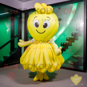 Lemon Yellow Heart Shaped Balloons mascot costume character dressed with a Pleated Skirt and Scarf clips