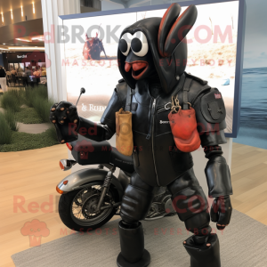 Black Lobster Bisque mascot costume character dressed with a Moto Jacket and Briefcases
