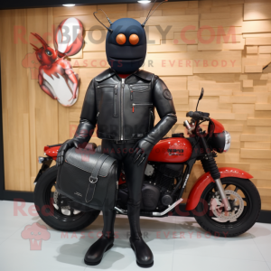 Black Lobster Bisque mascot costume character dressed with a Moto Jacket and Briefcases