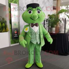 Lime Green Four Leaf Clover mascot costume character dressed with a Waistcoat and Pocket squares