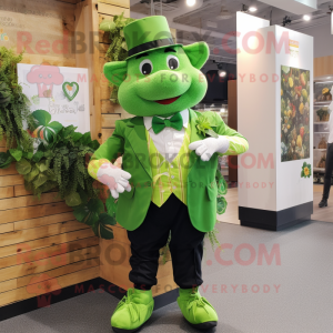 Lime Green Four Leaf Clover mascot costume character dressed with a Waistcoat and Pocket squares