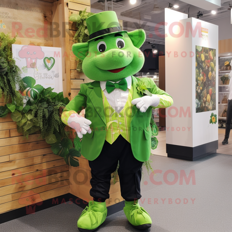 Lime Green Four Leaf Clover mascot costume character dressed with a Waistcoat and Pocket squares Lime Green Four Leaf Clover mascot costume character dressed with a Waistcoat and Pocket squares