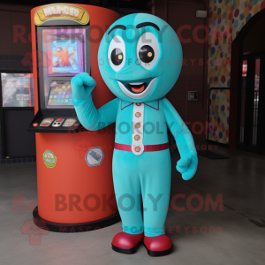 Turquoise Gumball Machine mascot costume character dressed with a Suit Pants and Mittens