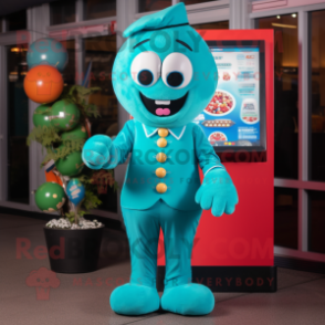 Turquoise Gumball Machine mascot costume character dressed with a Suit Pants and Mittens