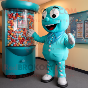 Turquoise Gumball Machine mascot costume character dressed with a Suit Pants and Mittens