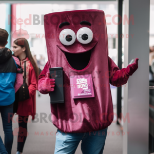 Magenta Chocolate Bar mascot costume character dressed with a Skinny Jeans and Lapel pins