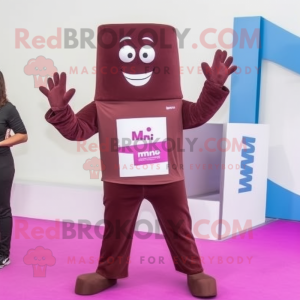 Magenta Chocolate Bar mascot costume character dressed with a Skinny Jeans and Lapel pins