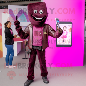 Magenta Chocolate Bar mascot costume character dressed with a Skinny Jeans and Lapel pins