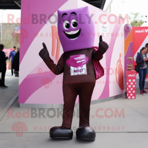 Magenta Chocolate Bar mascot costume character dressed with a Skinny Jeans and Lapel pins