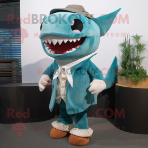 Teal Shark mascot costume character dressed with a Poplin Shirt and Shawl pins