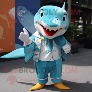 Teal Shark mascot costume character dressed with a Poplin Shirt and Shawl pins