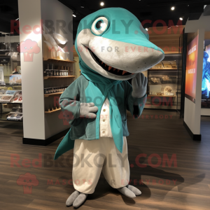 Teal Shark mascot costume character dressed with a Poplin Shirt and Shawl pins