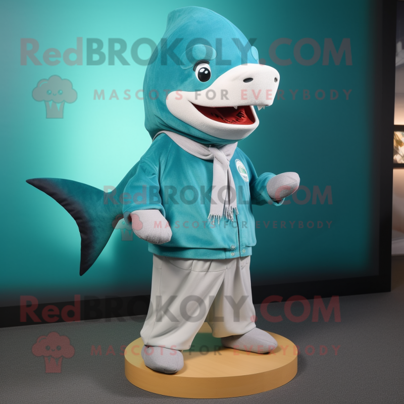Teal Shark mascot costume character dressed with a Poplin Shirt and Shawl pins
