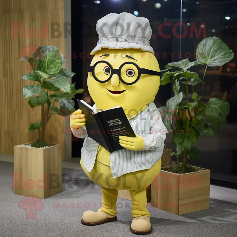 Lemon Yellow Turnip mascot costume character dressed with a Chambray Shirt and Reading glasses