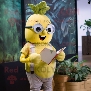 Lemon Yellow Turnip mascot costume character dressed with a Chambray Shirt and Reading glasses
