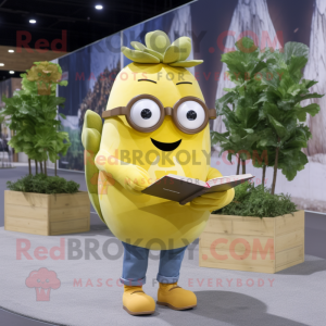 Lemon Yellow Turnip mascot costume character dressed with a Chambray Shirt and Reading glasses