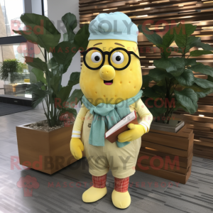 Lemon Yellow Turnip mascot costume character dressed with a Chambray Shirt and Reading glasses