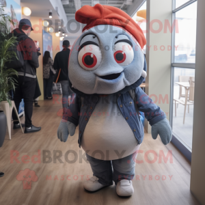 Gray Clown Fish mascot costume character dressed with a Jeans and Beanies