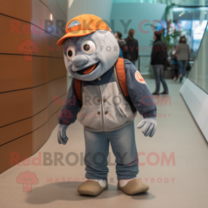 Gray Clown Fish mascot costume character dressed with a Jeans and Beanies