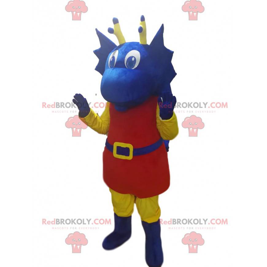 Mascote do dragão azul com roupa vermelha. Fantasia de dragão Mascote do dragão azul com roupa vermelha. Fantasia de dragão