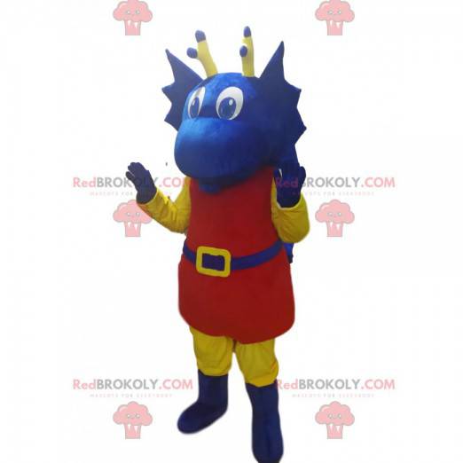 Mascotte de dragon bleu en tenue rouge. Costume de dragon bleu